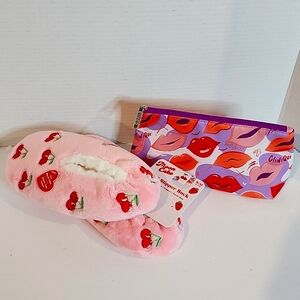 Moon Cake cherry slippers and clinique makeup bag NWT Size 7.5
